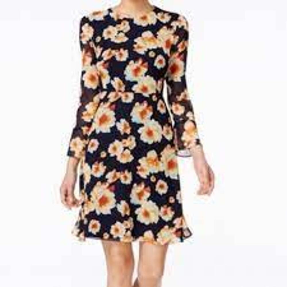 Betsey Johnson Chiffon Floral Dress Bow Tie Back Navy Orange Women 2